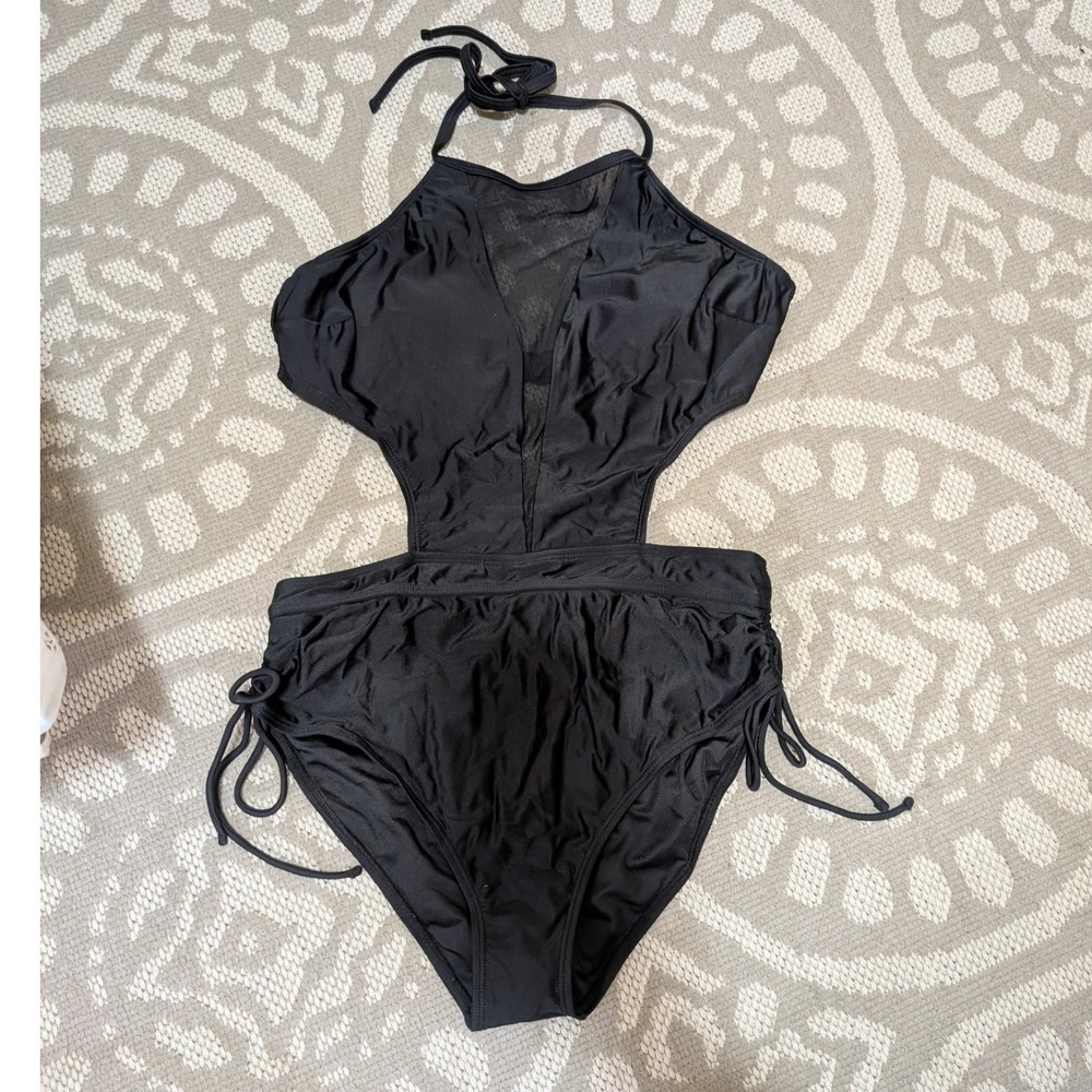 Cupshe Swimsuit One Piece Women Large Black NWT Mesh Cutout Halter Monokini‎